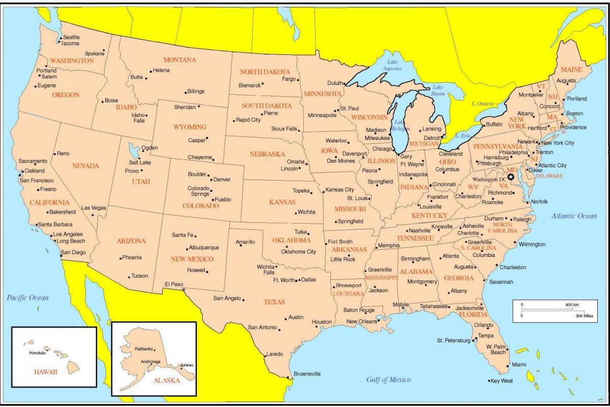 Carte des États-Unis avec les principales villes